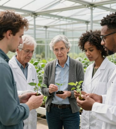 A professional photograph of a diverse group of agricultural researchers in smart-casual attire discussing plant samples in a bright, modern greenhouse. Authoritative and collaborative mood. International / Global.