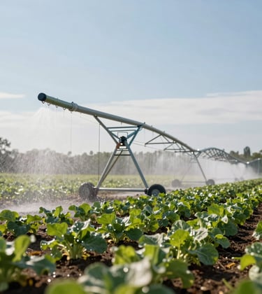 A professional photograph of an advanced smart irrigation system misting a row of climate-resilient crops under a clear sky. The water droplets catch the light beautifully. International / Global.