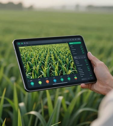 A professional photograph of a person's hand holding a modern tablet displaying vibrant data visualizations of crop health in a lush green field. Soft, natural morning light. Deep green and sage green tones. International / Global.