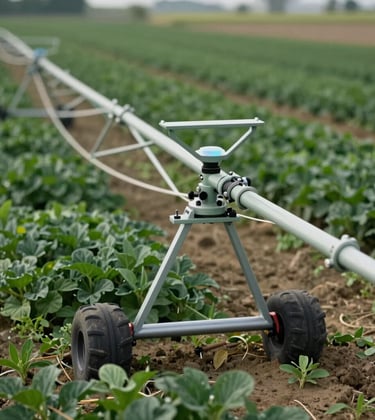 A close-up of high-efficiency irrigation technology integrated into an International / Global agricultural field, reflecting sustainable water management, sharp focus, clean lighting, featuring sage green and dark green elements.