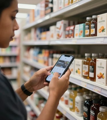 High-quality photography of a resident scanning a product with their phone in a modern autonomous market, clean minimalist shelves in the background, South American / Brazilian urban setting.