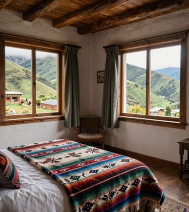 Interior of a cozy, rustic hotel room with traditional South American / Andean woven blankets, large windows overlooking a green mountain ridge, soft natural lighting.