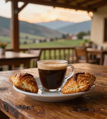 A close-up shot of artisanal local coffee and traditional pastries served on a rustic wooden table in an open-air cafe with views of green Andean valleys, warm orange and yellow morning light.