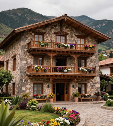 A charming boutique hotel with South American Andean architecture, stone walls, and wooden balconies decorated with local flowers, surrounded by lush gardens and green mountains.