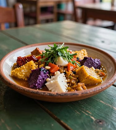 Close-up of a traditional South American / Andean dish on a rustic ceramic plate, featuring colorful local ingredients and herbs, set on a dark green wooden table in a brightly lit restaurant.