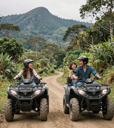 A family laughing while riding modern ATVs on a safe dirt trail through a lush forest with high mountain peaks in the background, South American Andean setting, bright natural daylight, vibrant green foliage.