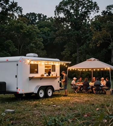 A photograph of a custom hospitality utility trailer parked at a beautiful North American / Northwest Arkansas farm during an evening gathering. String lights are draped from the trailer to a nearby pop-up shelter, casting a warm sun-gold glow. Farmers are gathering around folding tables, sharing food, with deep forest green trees under a dusky evening sky.