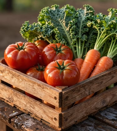 A close-up shot of a rustic wooden crate filled with freshly harvested local heirloom tomatoes, leafy green kale, and vibrant carrots, sitting on a weathered farm table in Northwest Arkansas. Warm golden hour sunlight accents the rich textures of the vegetables and the earthy brown wood.