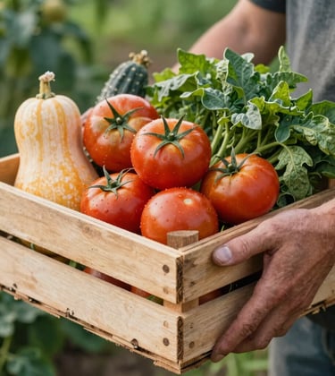 An intimate close-up photograph of hands holding a rustic wooden crate overflowing with fresh, vibrant North American / Northwest Arkansas produce like tomatoes and squash. The lighting is bright, natural morning daylight. The hands are soiled from gardening, reflecting honest work in a warm clay beige and deep leafy green setting.