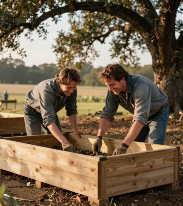 A candid medium shot of two people happily collaborating to assemble a wooden raised garden bed on a North American / Northwest Arkansas farm. They are smiling, dressed in practical farming clothes, working together under the soft shade of a large oak tree. Warm, friendly community energy with natural sun-gold highlights and rich soil brown tones.