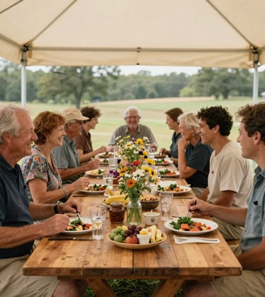 An inviting long wooden community table set up outdoors at a farm in Northwest Arkansas, decorated with wildflowers and plates of fresh farm food. People are gathered around, laughing and sharing a meal under a soft cream canopy, captured in warm, natural documentary-style photography.
