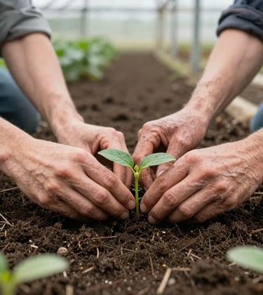 Two pairs of hands, one younger and one weathered with experience, working together to plant a delicate green seedling into rich, dark soil in a Northwest Arkansas greenhouse. Supportive community atmosphere, clean composition, soft ambient natural lighting.