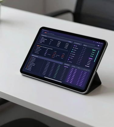A minimalist North American office setting with a tablet on a clean white desk. The screen displays a complex data dashboard with soft purple highlights, reflecting a professional and reliable tech environment.