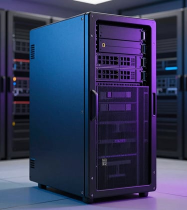 A professional architectural photograph of a sleek server tower in a clean, modern data center. The lighting is futuristic, featuring a mix of deep blue and vibrant lavender accents.