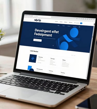 A close-up of a modern laptop screen in a bright, professional US studio workspace. The screen displays a clean, innovative web development project with navy blue and sky blue color palettes.