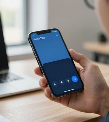 A professional in a North American workspace holding a smartphone, showcasing a sophisticated mobile application interface with steel blue and navy blue accents. Natural window light.