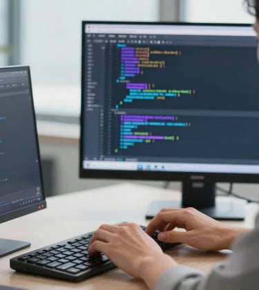 A close-up photograph of a professional developer in a bright North American office, hands typing on a sleek keyboard. On the screen, colorful lines of clean code in light blue and lavender hues are visible. Soft daylight lighting.