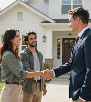 A bright, professional photograph of a North American couple shaking hands with a realtor outside a contemporary home with off-white siding. The atmosphere is trustworthy and professional, set in a sunny suburban neighborhood.