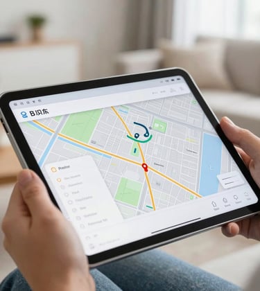 Close-up of a person's hands using a tablet in a bright, modern North American living room, focusing on a property map search with clean UI-like clarity.