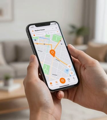 Close-up of hands using a smartphone in a bright, modern North American living room. The screen displays a map-based real estate search interface with orange icons. The background is a clean, technology-driven domestic setting.
