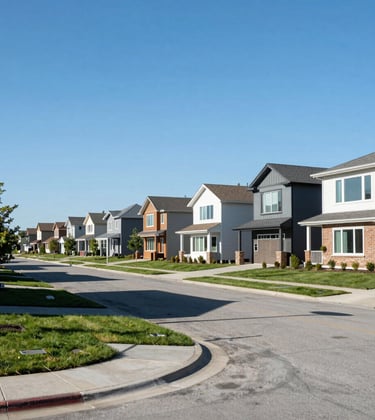 A wide shot of a modern North American neighborhood street with manicured lawns and contemporary house designs under a bright, clear blue sky.