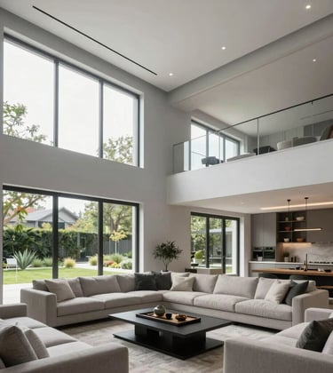 Professional architectural photography of a modern North American living room featuring high ceilings, light grey walls, and minimalist furniture. Large windows show a manicured garden outside, emphasizing a premium lifestyle.