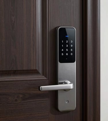 Detail shot of a modern smart home security keypad and door handle on a stylish dark wood front door in a North American setting.