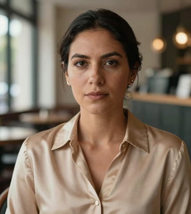 A close-up portrait of a serene South American / Brazilian woman in her late 30s. She wears an elegant warm beige silk blouse and looks directly at the camera with a look of newfound clarity. The background is a blurred, high-end cafe with soft morning light.