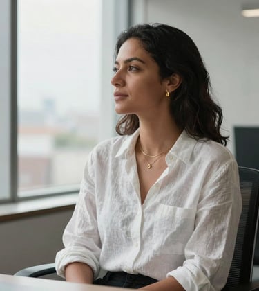 Portrait of a South American / Brazilian woman sitting in a modern office, looking out a window with an expression of peace and power. She wears subtle gold jewelry and a white linen shirt. Soft shadows and high-end aesthetic.