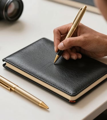 Close-up of a professional South American / Brazilian woman's hand writing in a leather soft black notebook on a clean off-white desk. A golden tan pen rests nearby. High-quality editorial style.