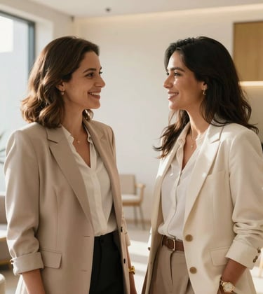 Two South American / Brazilian women in elegant business-casual attire, talking warmly in a sunlit, modern space with off-white and golden tan decor. Candid and emotional connection.