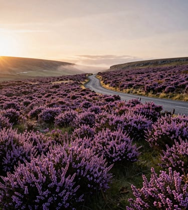 A landscape of the North York Moors during late summer. Vast carpets of purple heather blooming under a soft golden hour sun. A winding narrow road leading toward a misty horizon.