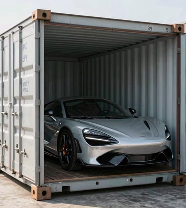 Detailed shot of a luxury sports car secured inside a clean, modern shipping container, bright even lighting, professional logistics photography, global business aesthetic.