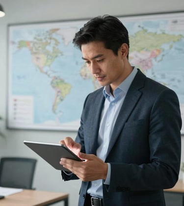 A professional logistics manager in a modern office with maps on the wall, reviewing digital documents on a tablet, global business setting, premium feel.