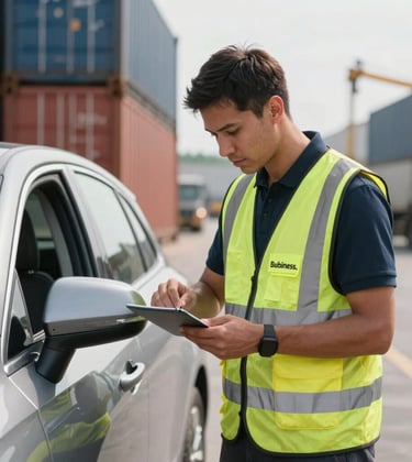 An image of a car being inspected by a professional in a high-vis vest at a shipping terminal. Modern, safe, and professional atmosphere. Global Business.
