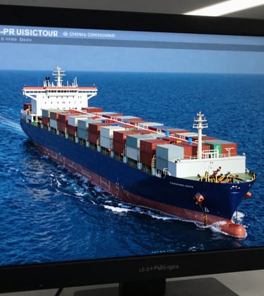A close-up photograph of a professional shipping logistics dashboard showing a Ro-Ro vessel's route on a digital screen, with a steel blue and navy blue color palette. Global Business context.