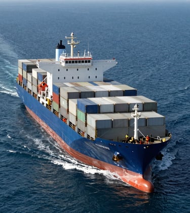 A powerful image of a large container ship moving through calm deep blue waters, shot from above. The composition is clean and modern, emphasizing efficiency and scale.