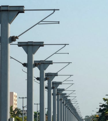 A perspective shot of the upcoming Chennai Metro Rail pillars stretching into the distance near the property. The style is urban and industrial, featuring steel blue and grey tones under a bright, clear sky.