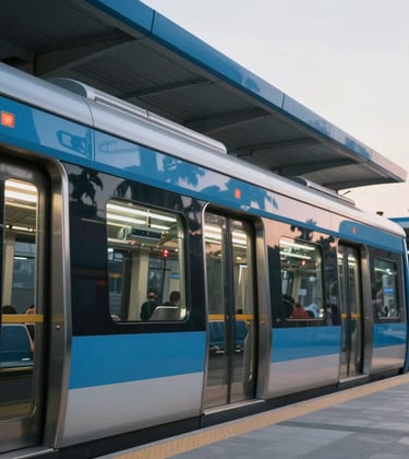 A sleek, modern Chennai Metro Rail station exterior with metallic steel blue finishes and bright daytime lighting, symbolizing future connectivity.