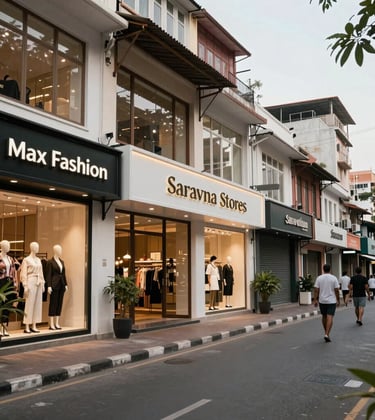 A vibrant but sophisticated retail street view in Chennai featuring upscale storefronts and lifestyle brands like Max Fashion and Saravana Stores.