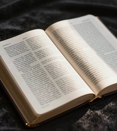 An artistic close-up of an open Bible with gold-edged pages on a dark velvet surface. A single ray of light (#D8B863) shines across the text, evoking deep spiritual truth and divine acceptance. High-contrast, premium look.
