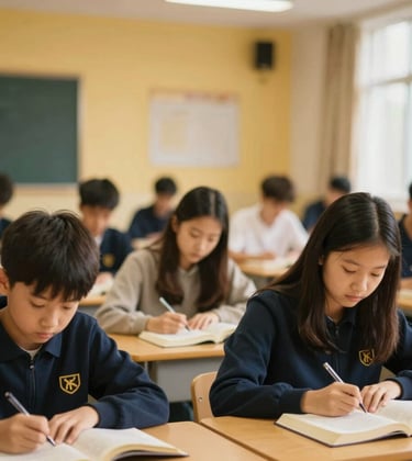 A modern classroom setting with a warm, intimate atmosphere. Focused students are studying scripture under soft gold lighting. The image incorporates the brand's deep navy and gold palette, looking professional and transformative.