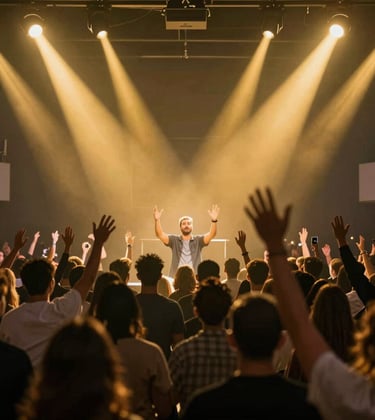A vibrant, immersive shot of a high-energy Sunday worship service. Radiant light trails in gold (#D8B863) illuminate a crowd in a modern sanctuary. The mood is spiritually powerful and bold, with a high-end cinematic aesthetic.
