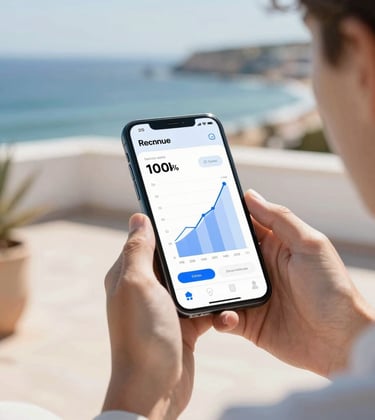 A close-up shot of hands holding a smartphone displaying a high-revenue dashboard with a graph going up. In the background, a blurred view of a sunny terrace overlooking the Algarve coast. Sophisticated and financial-focused.