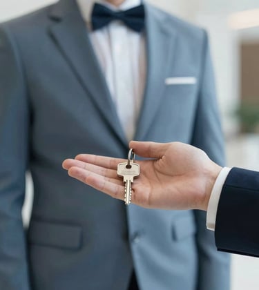Close-up of a professional concierge handing over silver keys in a minimalist, bright lobby. Sophisticated and high-end feel, incorporating the slate blue #4A6D7C.
