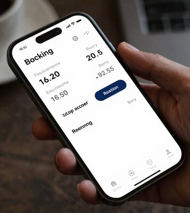 Close-up of a high-end smartphone showing a booking dashboard with high revenue numbers. Clean interface, elegant fingers, luxury workspace setting.