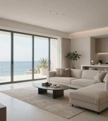 A serene living room of a luxury apartment in Vilamoura, featuring floor-to-ceiling windows and premium furniture in neutral #F7F9FB tones.