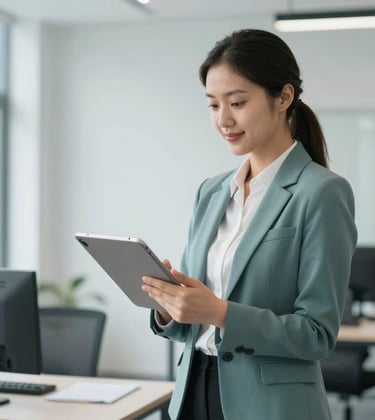 A professional property manager in smart-casual attire using a tablet to manage bookings. The setting is a bright, high-end office with accents of #4A6D7C. Clean, organized, and sophisticated atmosphere.
