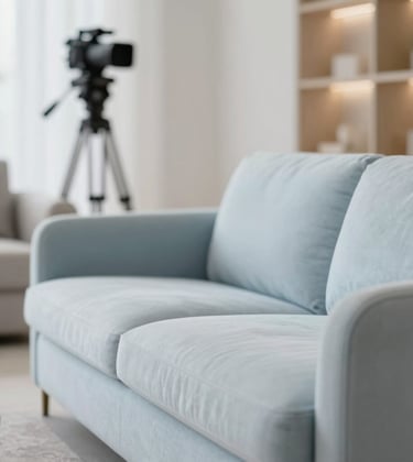 Close-up of a high-end interior design set in a bright Algarve lounge. Minimalist furniture, premium fabrics in #B4C5CB and #F7F9FB tones, and a professional camera on a tripod visible in a reflection, suggesting professional staging and photography services.