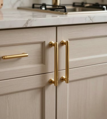 A close-up photograph of luxury kitchen cabinetry with custom champagne gold hardware. The wood has a subtle, expensive matte finish, showcasing architectural-level craftsmanship in a North American / Californian home setting.